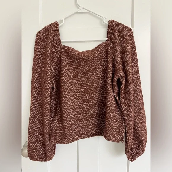 Madewell Chocolate Brown Textured Knit Square Neck Puff Sleeve Top S Cottagecore - Picture 6 of 10